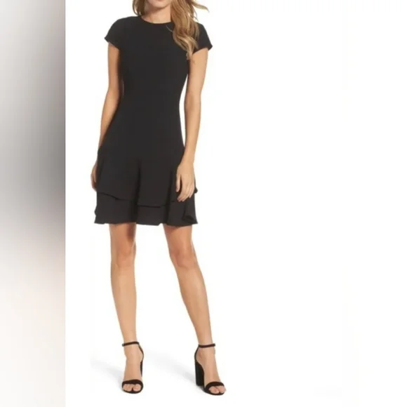 Eliza J | Dresses | Nwt Eliza J Tiered Sleek Aline Drop Waist Black Crepe  Mini Wcap Sleeves Sz 2 | Poshmark
